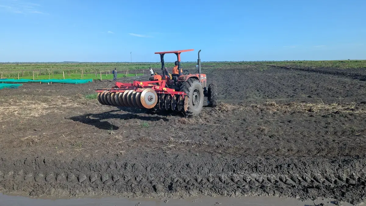 Tractor ploughing field at sunset
